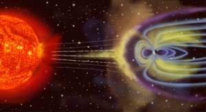 Imagen artística de la magnetosfera terrestre y su interacción con el viento solar
